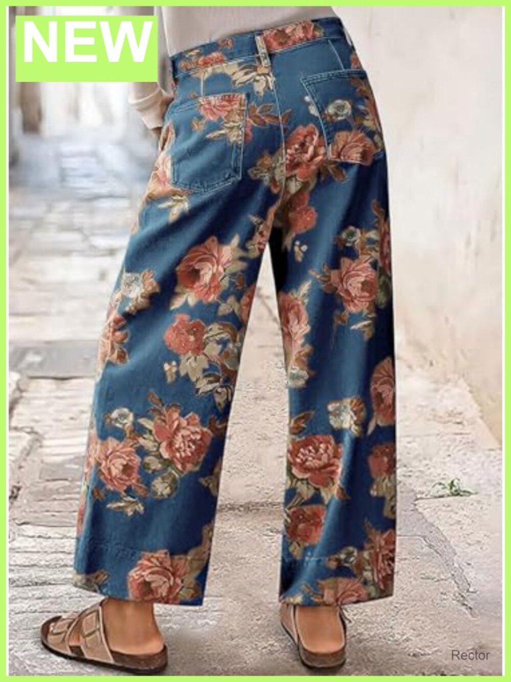 Mid Rise Cropped Wide Leg Floral Jeans Baggy Ankle Denim Capris - Picture 2 of 6